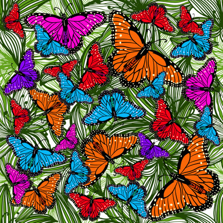Multicolored butterflies with graphic flowers. Seamless vector backgroundのイラスト素材
