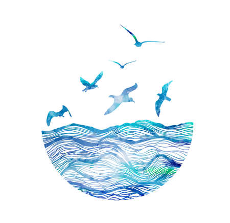 Abstract design of ocean logo with waves and seagulls. Vector illustrationのイラスト素材
