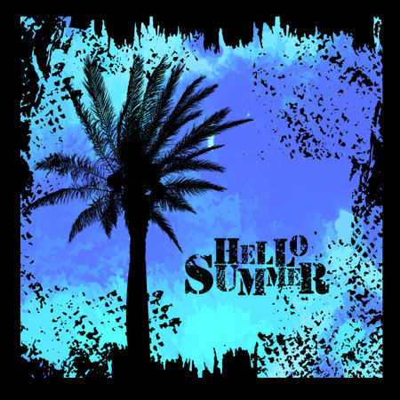 Palm tree on blue old background . Hello summer. Vector illustrationのイラスト素材
