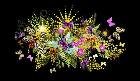 Floral summer abstraction with butterflies on a black background . Vector illustrationのイラスト素材
