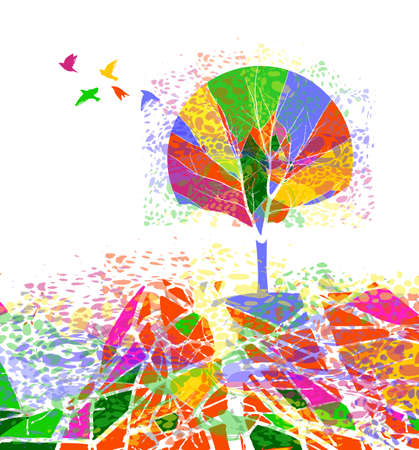 abstract multi-colored tree with flying birds. Vector illustrationのイラスト素材