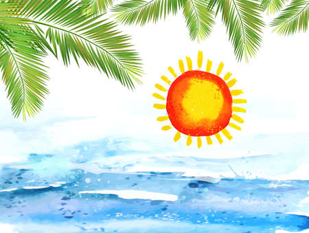 Sun and sea watercolor Vector illustrationのイラスト素材