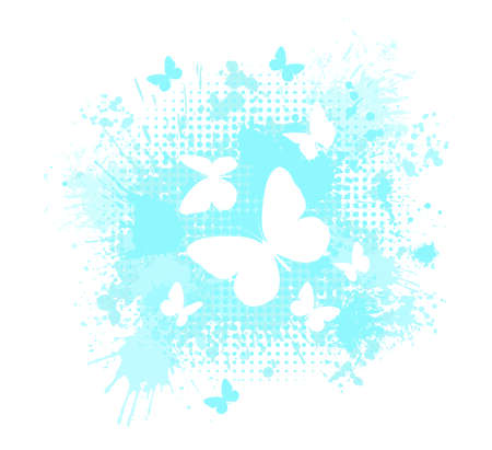 Delicate white butterflies on blue blots. Vector illustrationのイラスト素材