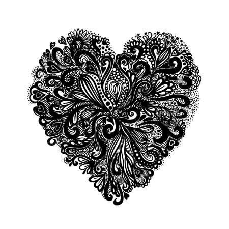 Floral heart. Bouquet composition with hand drawn flowers and plants. Monochrome vector romantic love illustration in sketch style. Valentine Day cardのイラスト素材