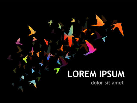 Multi-colored birds on a black background . A flock of flying rainbow birds. Vector illustrationのイラスト素材
