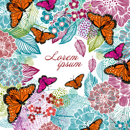 Square frame of green leaves with flowers and butterflies. Vector illustrationのイラスト素材