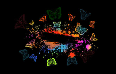 Abstract multicolored blots . Frame for text with butterflies . On a dark background. Vector illustrationのイラスト素材