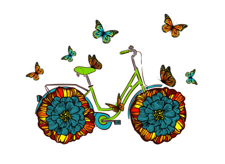 Hand drawing print design. Bicycle with flowers wheels. Vector illustrationのイラスト素材