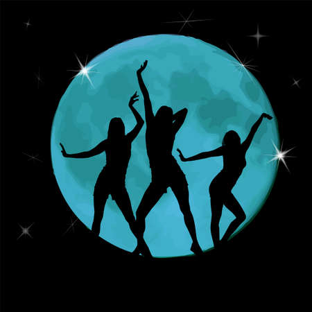 Silhouette of girls dancing in a disco. on a black background. Night party. Moon light. Vector illustrationのイラスト素材