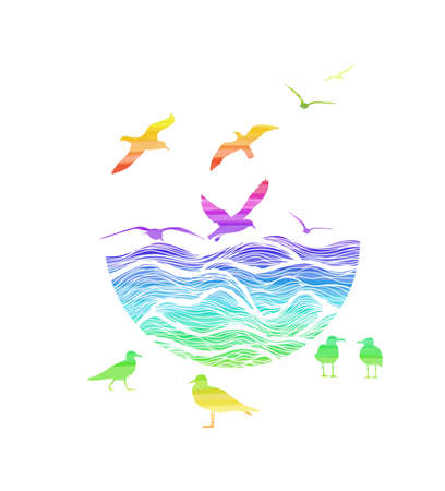 Abstract colorful design of ocean logo with waves and seagulls. Vector illustrationのイラスト素材