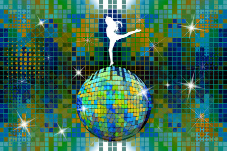 The girl is dancing on a disco ball. Vector illustrationのイラスト素材
