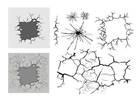 Set of cracks for disaster design. Different types isolated cracks textures: break of earth, cracks in the wall, glass clefts. Vector background.のイラスト素材
