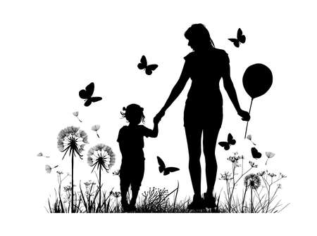 Silhouette of a mother with a child walking. Vector illustrationのイラスト素材