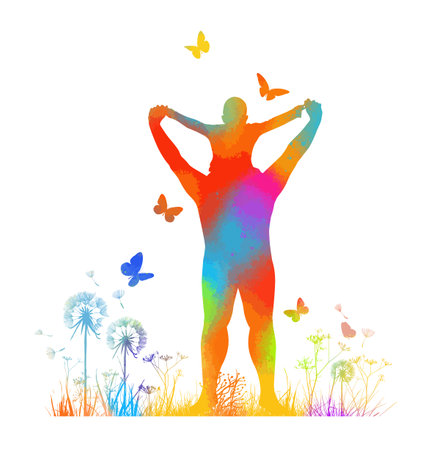 Silhouettes of colorful dad and son together. Vector illustrationのイラスト素材