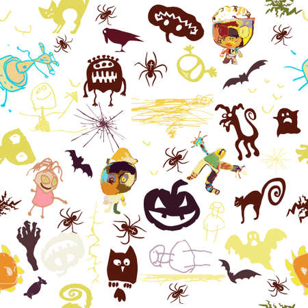 Seamless pattern with funny monsters in cartoon style. Childrens background with cute characters for fabric design, Wallpaper, wrapping paper. Vectorのイラスト素材