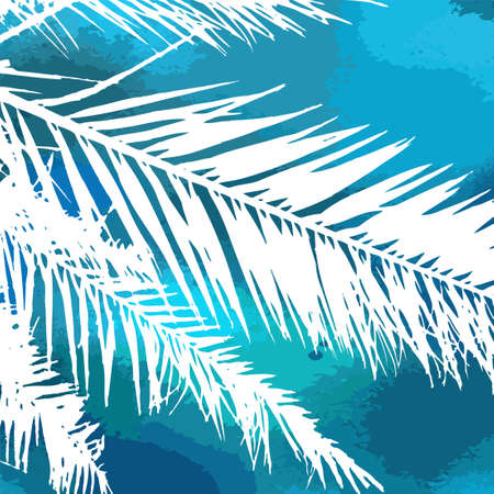 Summer exotic floral tropical palm, banana leaves in blue style. Blue background with palm leaves. Vector illustrationのイラスト素材