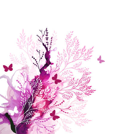 Abstraction pink watercolor with butterflies. Vector illustrationのイラスト素材