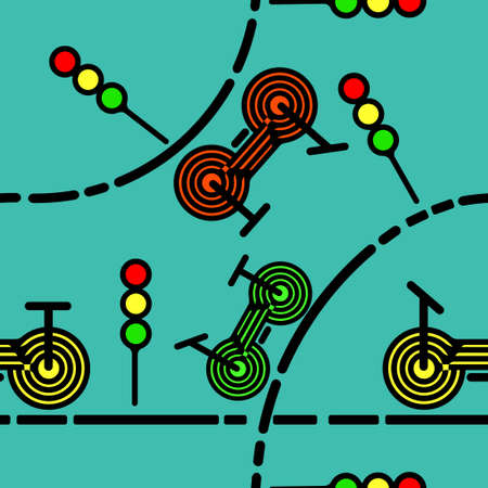 Road bike, Bicycles seamless pattern wallpaper on blue background, Simple icon flat design, Vector...