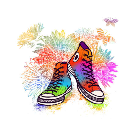 colorful sneakers with flowers and butterflies. T-shirt print. Vector illustrationのイラスト素材