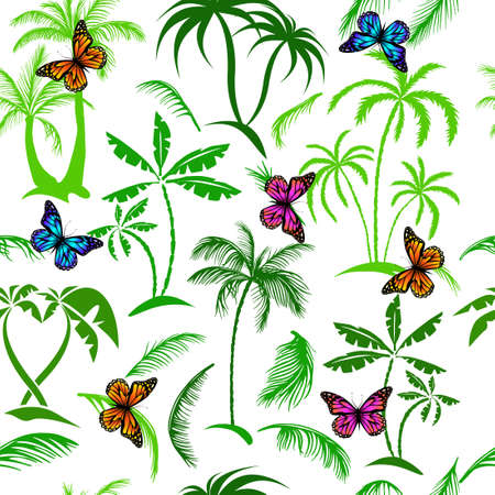 Vector seamless tropical pattern with palm and with butterflies tree on white background. Vector floral illustration for textile, print, wallpapersのイラスト素材
