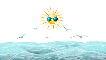 Horizontal background sea waves with flying seagulls and with the sun. Vector illustrationのイラスト素材