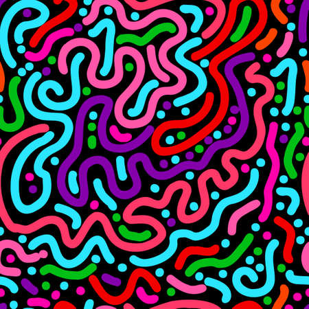 seamless pattern multicolored lines and dots on a black background . Vector illustration