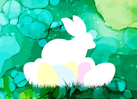 Rabbit and eggs on a watercolor background. Happy easter. Vector illustration