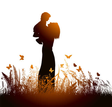 Silhouette of mother with her daughter in her arms. Mothers Day. at sunset. Vector illustrationのイラスト素材