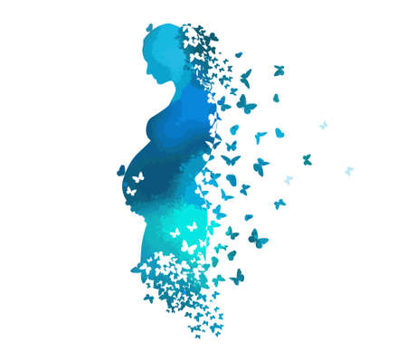 vector illustration of silhouette of pregnant woman and butterfliesのイラスト素材