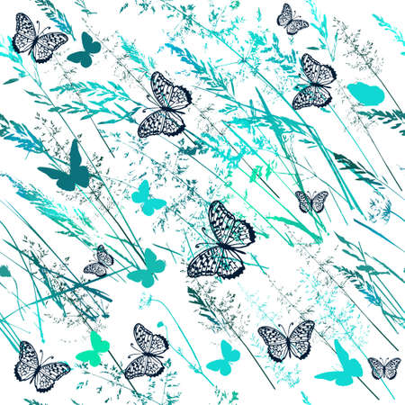 Texture, print design for fabric, background. grass seamless pattern. Natural pattern with butterflies. Vector illustrationのイラスト素材