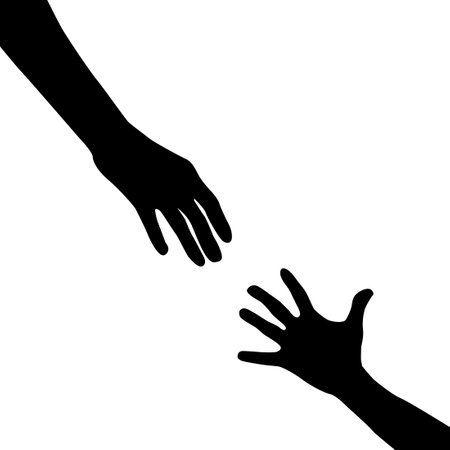 The helping hand reaches out to the other hand. Vector illustration. Black silhouettes isolated on white background.のイラスト素材