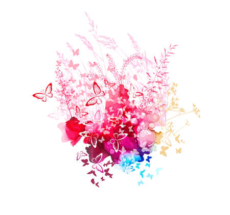 Alcoholic ink multicolored with butterflies. Nature is colorful. Grass silhouette. Vector illustrationのイラスト素材
