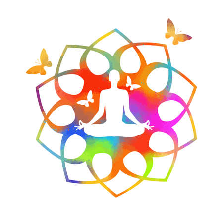 Colorful woman in the yoga pose background with butterflies. Vector illustrationのイラスト素材