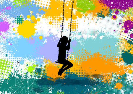 The girl rides on a swing. Abstract background with childhood blots. Vector illustrationのイラスト素材