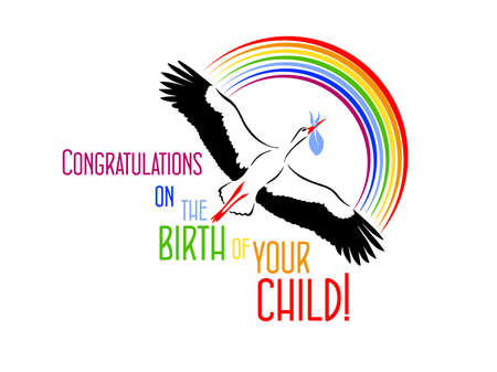 The stork is carrying a child. Congratulations on the birth of your child . greeting card Vector illustrationのイラスト素材