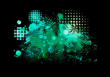 silhouette of black palm leaves on a watercolor background. Vector illustration. Painted frame design. Bright colors. Abstract artのイラスト素材