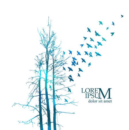 Realistic blue illustration with silhouettes of three birds - crows or ravens sitting on tree branch without leaves and flying, isolated on white background - vectorのイラスト素材
