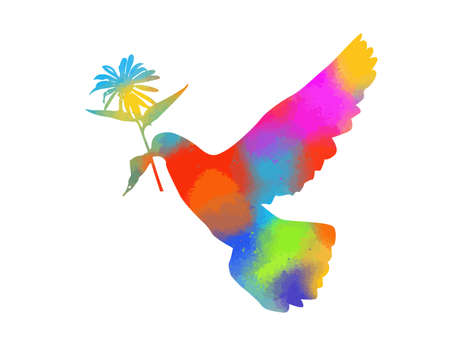 colored silhouette of a flying dove with a flower on a white background. Vector illustrationのイラスト素材