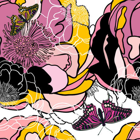 Japanese pattern with with butterflies. Peony flower and geometric pattern in vintage style. Peonies seamless pattern. Abstract Vector art illustration.のイラスト素材