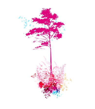 Abstract nature. Tree and flying birds. pine pink abstraction. Vector illustrationのイラスト素材