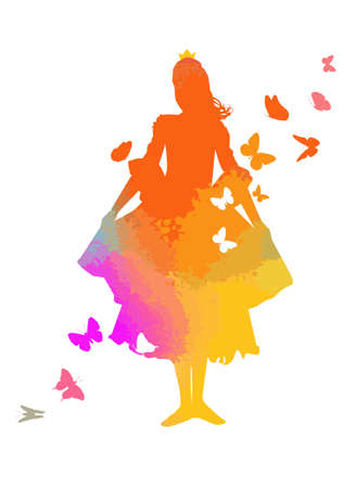 Multicolored silhouette of a girl with butterflies. Sweet princess. Vector illustrationのイラスト素材