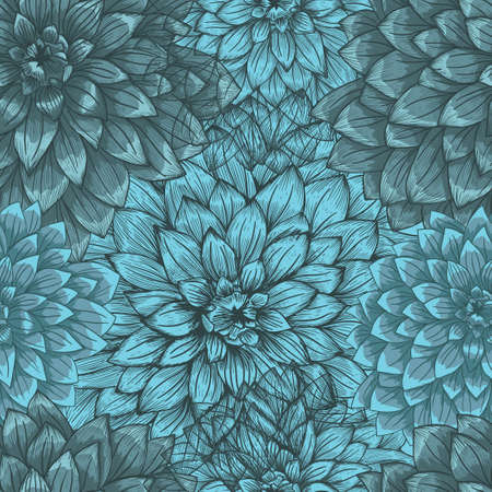Abstract elegant seamless pattern with hand-drawn blue chrysanthemums flowers. Dahlia. Pattern for creating packaging, wallpaper, fabric.のイラスト素材
