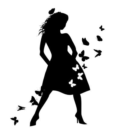 Monochrome silhouette of a girl in a dress with butterflies. Vector illustrationのイラスト素材
