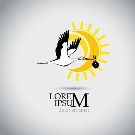 Flying stork and sun. Vector illustration. Stork carries a baby logo.のイラスト素材