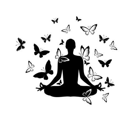 Silhouette of yoga girl with butterflies. vector illustration designのイラスト素材