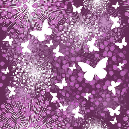 Seamless violet pattern of fireworks and butterflies. Vector illustrationのイラスト素材