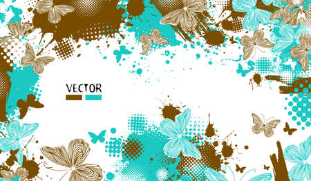 blue and brown frame with butterflies. Horizontal floral frame. Vector illustrationのイラスト素材