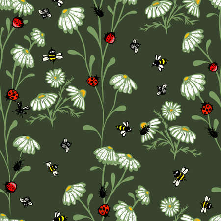 Seamless pattern of chamomile and bees. Ladybugs on flowers. Vector illustrationのイラスト素材