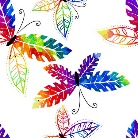 Flying butterflies in watercolor. Seamless background. Mixed media. Vector illustrationのイラスト素材