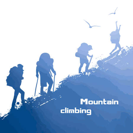 Climbing the blue mountain by tourists. Achieving success. Vector illustrationのイラスト素材